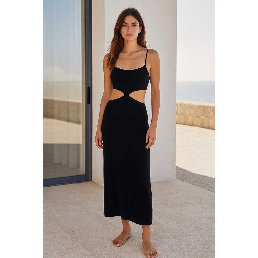 FP Beach Piper Midi Dress Black Cutout Waist Spaghetti Strap | XS